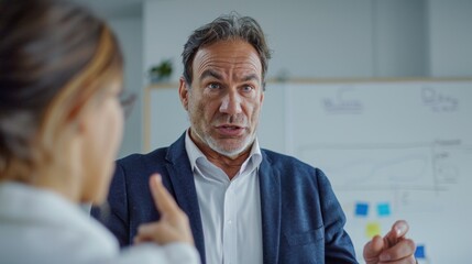 Obraz premium A man in a suit and tie with gray hair and a beard engaged in a conversation with a woman who is gesturing with her hand.