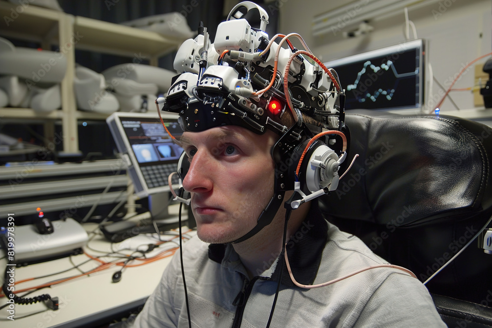 Wall mural testing brain-computer interface, monitoring neural signals for innovative technology advancement in