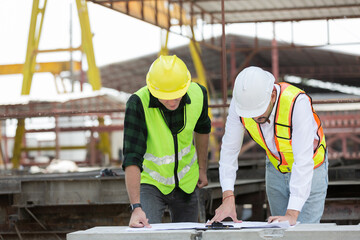 Team of male engineer construction working and inspecting structure of building at construction...