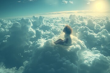 An individual is perched on a fluffy cumulus cloud in the sky