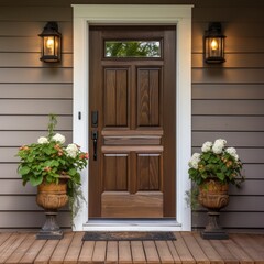 Residential home, vintage entrance wood solid door with the windows on sides and overhead. High quality photo
