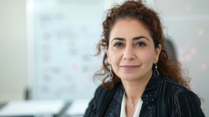 A woman with curly hair wearing a black jacket smiling at the camera with a whiteboard in the background.