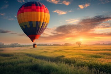 Obraz premium A hot air balloon is floating in a field of tall grass generated by AI