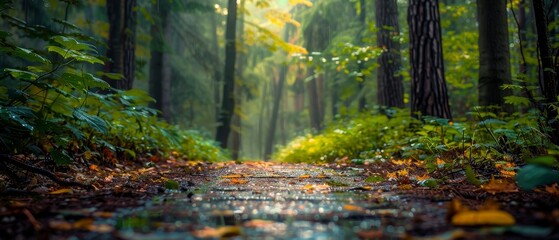 Obraz premium Lush forest path, wet with scattered yellow leaves, surrounded by green foliage and tall trees, glistening leaves, softly blurred background enhancing calm