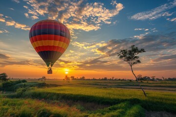 A hot air balloon is flying over a field of grass generated by AI