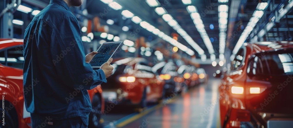 Poster In the automotive industry, a factory worker uses a digital tablet to oversee the assembly line, showcasing advanced technology and efficiency in manufacturing operations in the factory setting