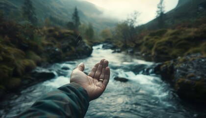 A human hand holding a river flowing through a tranquil valley, evoking a sense of peace with a blurred backdrop