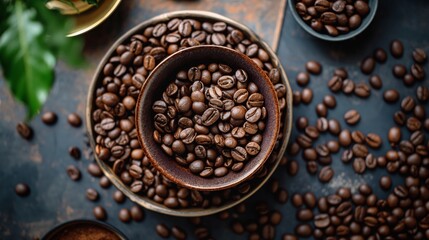 Fototapeta premium A bowl of coffee beans is on a table generated by AI
