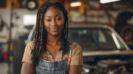 Fototapeta premium Young woman with braided hair wearing a plaid shirt and denim overalls standing in a garage with a car in the background.