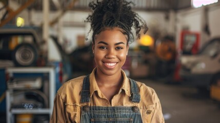 A smiling young woman with curly hair wearing a yellow shirt and blue overalls standing in a garage with blurred vehicles and equipment in the background.