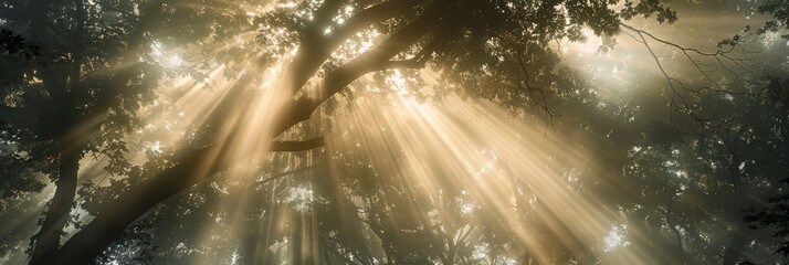 Fototapeta premium Golden rays of sun break through the forest canopy, casting a mystical glow on the foliage below.