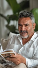 Obraz premium A man with a beard and gray hair wearing a white shirt sitting on a couch and holding a book.