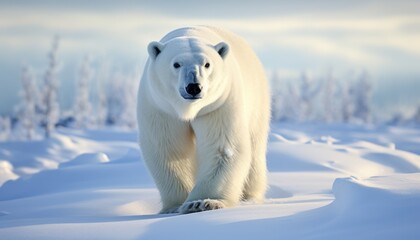 Polar bears walks in extreme winter weather, standing above snow with a view of the frost mountains