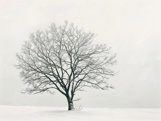 Fototapeta premium A minimalist winter landscape featuring an isolated, large tree with no leaves against the backdrop of white snow and fog. The composition focuses on the stark contrast between nature's elements and t