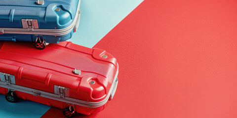 Colorful plastic travel suitcases on colored flat background with copy space. Banner template.