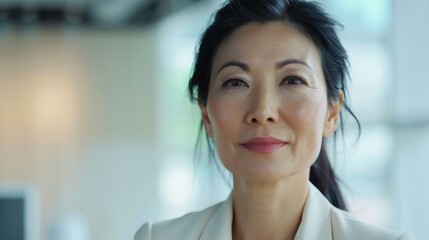 Asian woman with dark hair wearing a white blazer smiling gently looking directly at the camera in a modern office setting with blurred background.