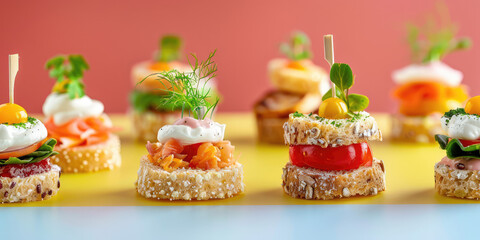 Different little canape sandwiches. An assortment of canapé appetizers on colored flat background with copy space. Banner template.
