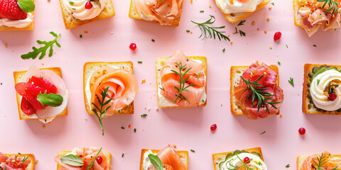 Different little canape sandwiches. An assortment of canapé appetizers on colored flat background with copy space. Banner template.