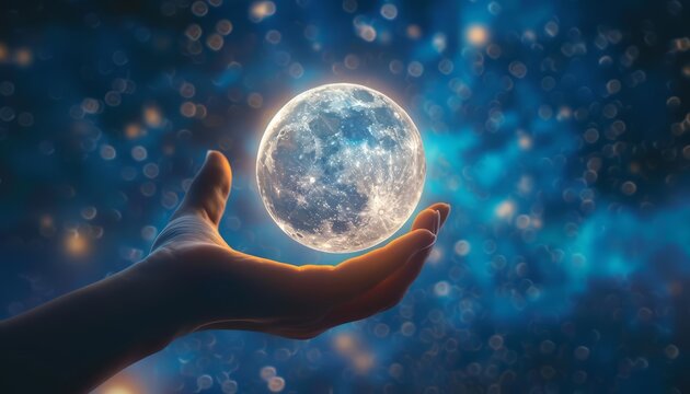 A human hand holding the moon with a starry night sky, evoking a sense of mystery with a blurred backdrop