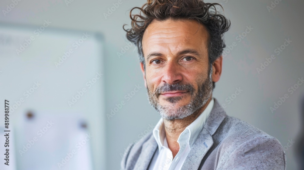 Wall mural A man with a beard and curly hair wearing a gray jacket standing in front of a whiteboard with a slight smile.