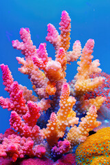 Fototapeta premium Multicolored coral. Unusual different corals on colored flat background with copy space. Banner template.