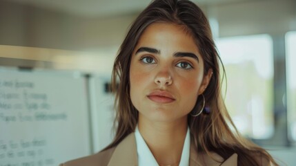 Fototapeta premium Young woman with a poised expression wearing a light-colored blazer looking slightly to her right with her hair styled in loose waves set against a blurred background 