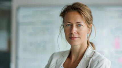 A woman with blue eyes and blonde hair wearing a white blazer standing in front of a whiteboard with text and diagrams.