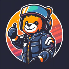 Naklejka premium A logo of a teddy bear in a leather jacket and helmet giving a thumbs up, in a retro gaming style with orange and blue tones