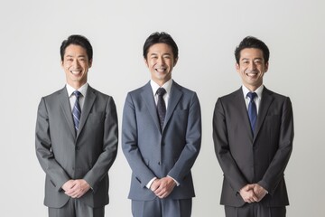 3人並んだ日本人の男性会社員のポートレート（白背景・サラリーマン・スーツ・仕事）