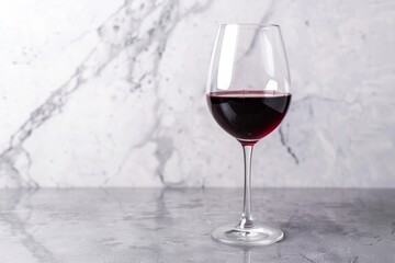 Sophisticated Red Wine Glass on Marble Surface Against a Luxurious White Marble Background
