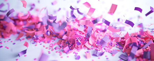 Pink and purple confetti on white.