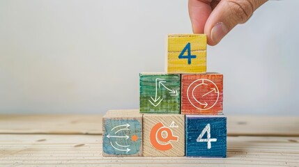 A sketch illustration of a hand placing a wooden block labeled 4 on top of a stack of blocks arranged in ascending order The blocks feature handdrawn arrows and targets
