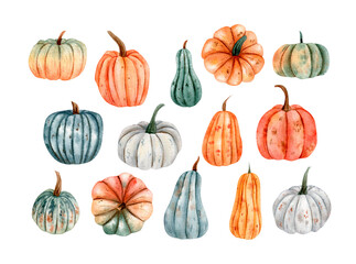 Hand drawn watercolor clipart set of pumpkins. Autumn colourful illustrations 