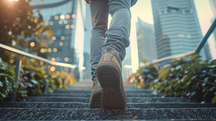 a person clad in casual wear, climbing the stairs within a corporate city setting, evoking the steady pace of career advancement. - Powered by Adobe