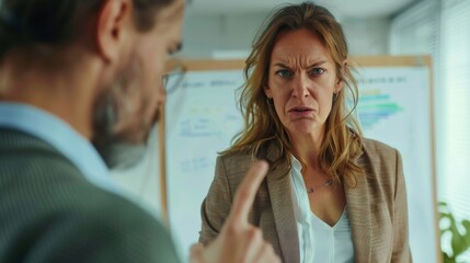 Obraz premium A woman with a stern expression wearing a brown blazer and pointing her finger while a man in a suit looks on both standing in front of a whiteboard with notes and diagrams.