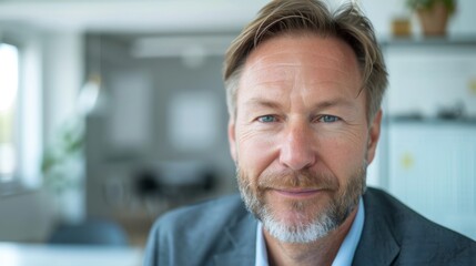 Naklejka premium A man with a beard and blue eyes wearing a suit and standing in a blurred indoor setting.