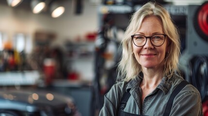 A smiling woman with blonde hair wearing glasses and a gray shirt with suspenders standing in a workshop with blurred tools and equipment in the background.
