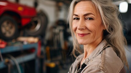 A smiling woman with gray hair standing in a garage with a red car and tools in the background.