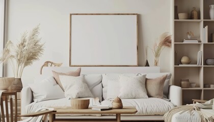 A stylish blank podium showcase in a living room setting with a white sofa and plush pillows The podium is in the center