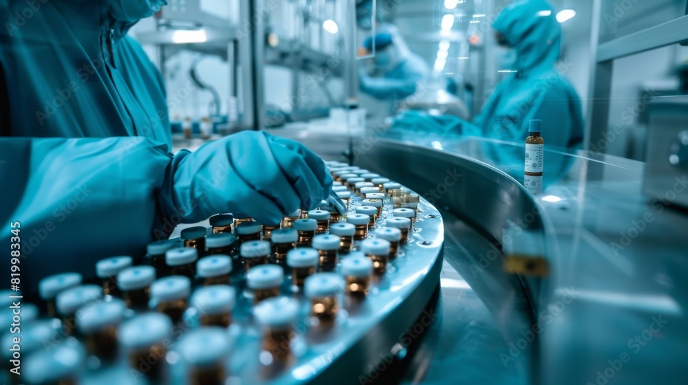 Poster Pharmaceutical manufacturing process workers in sterile lab uniforms are meticulously handling vials. The production involves precision work and quality control in a healthcare industry setting