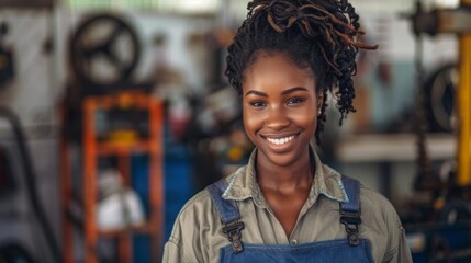 Naklejka premium Smiling woman in blue overalls standing in a workshop with tools and equipment in the background.