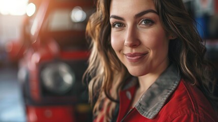 Fototapeta premium Smiling woman with long hair wearing red jacket standing in front of blurred red vehicle.