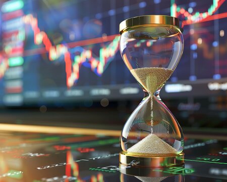 An hourglass timer sits in front of a glowing stock market price chart.