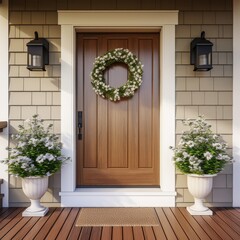 Residential home, vintage entrance wood solid door with the windows on sides and overhead. High quality photo