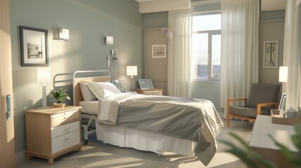 Cozy Hospital Room with Sunlight and Modern Medical Equipment