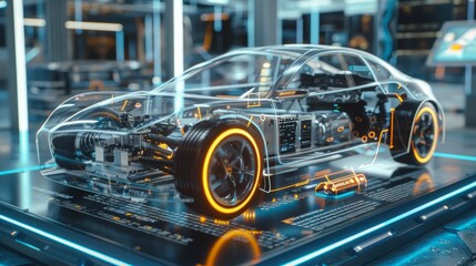 Fototapeta premium Futuristic Transparent Car Model Showcasing Advanced Technology