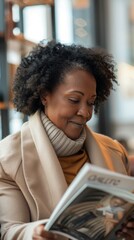 Woman with curly hair wearing a beige coat and scarf reading a magazine with a cover featu ring a person.