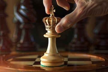 A hand placing a golden crown on a white chess piece.
