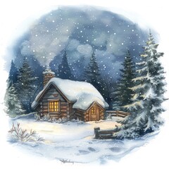 Fototapeta premium Enchanting Winter Cabin Night Scene with Glistening Snowfall