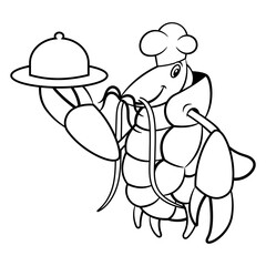 Big large Lobster cartoon characters wearing chef hat and delivering a plate of foods. Best for outline, logo, and coloring book with summer themes or for seafood restaurant